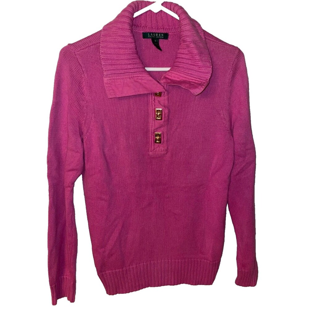 Ralph Lauren Womens S Pink GOLD Buttons Pullover Knit Long Sleeve 100% Cotton